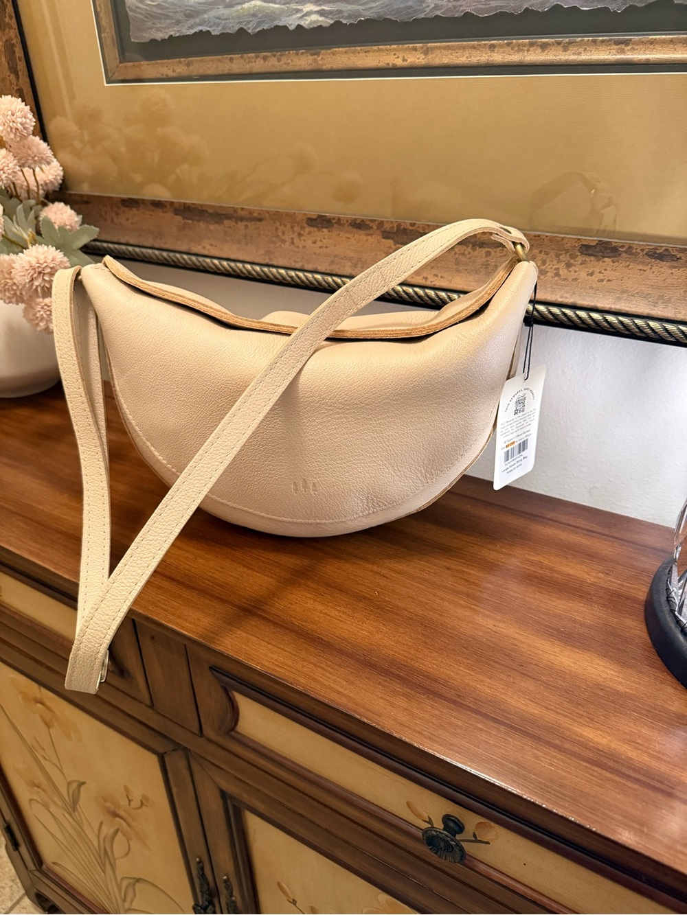 Cream Half-Moon Leather Shoulder Bag